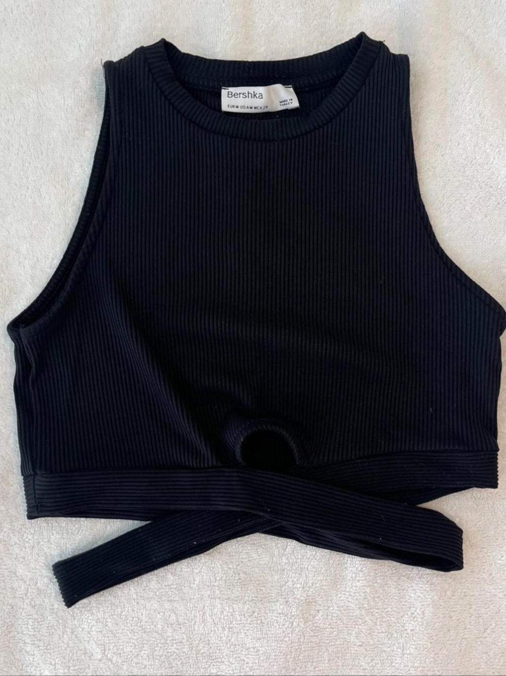 Bershka Black Ribbed High Neck Wrap Front Crop Top Sleeveless M